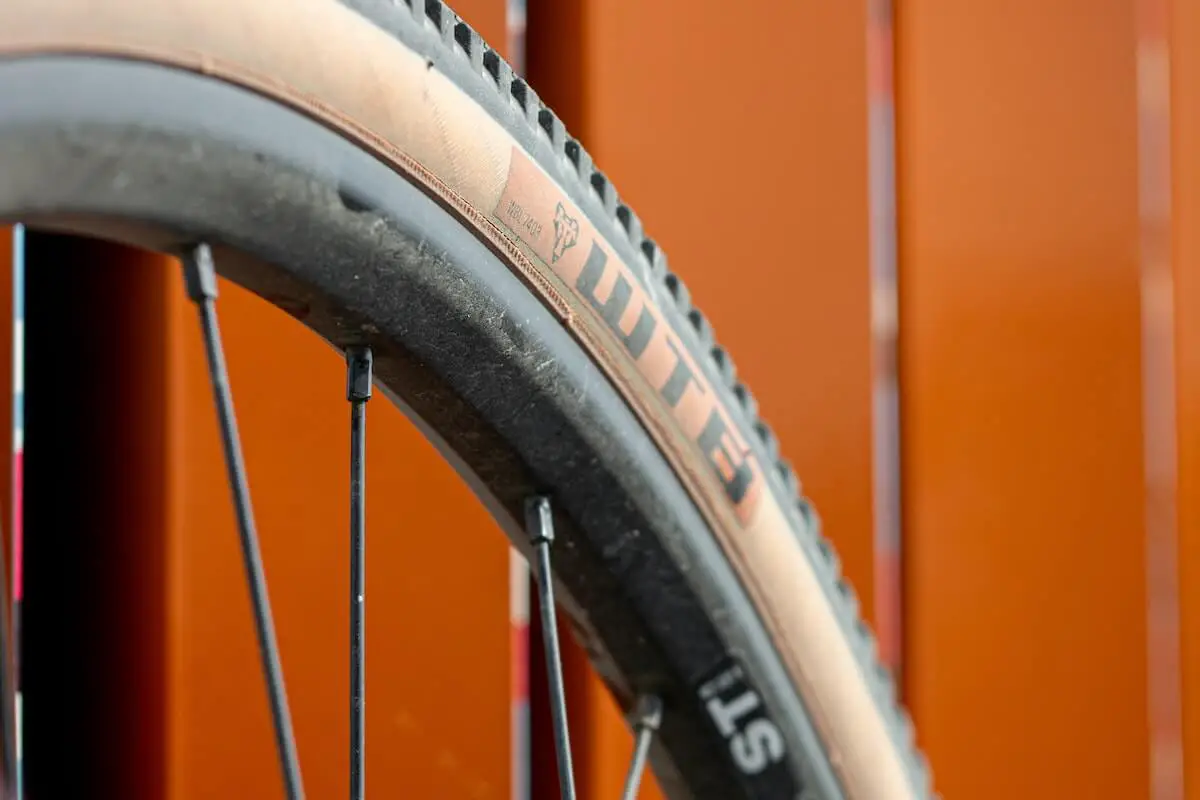 Wtb bike tires with tan trim.