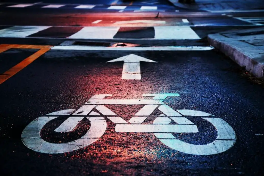 Image of a wet city bike lane.