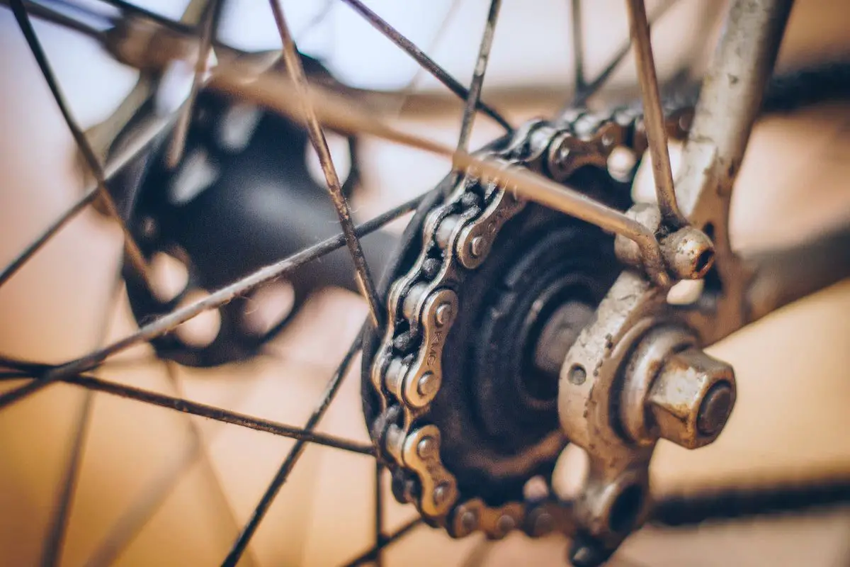 Image of a dirty fixed gear chain and rear wheel cog. Source: burst