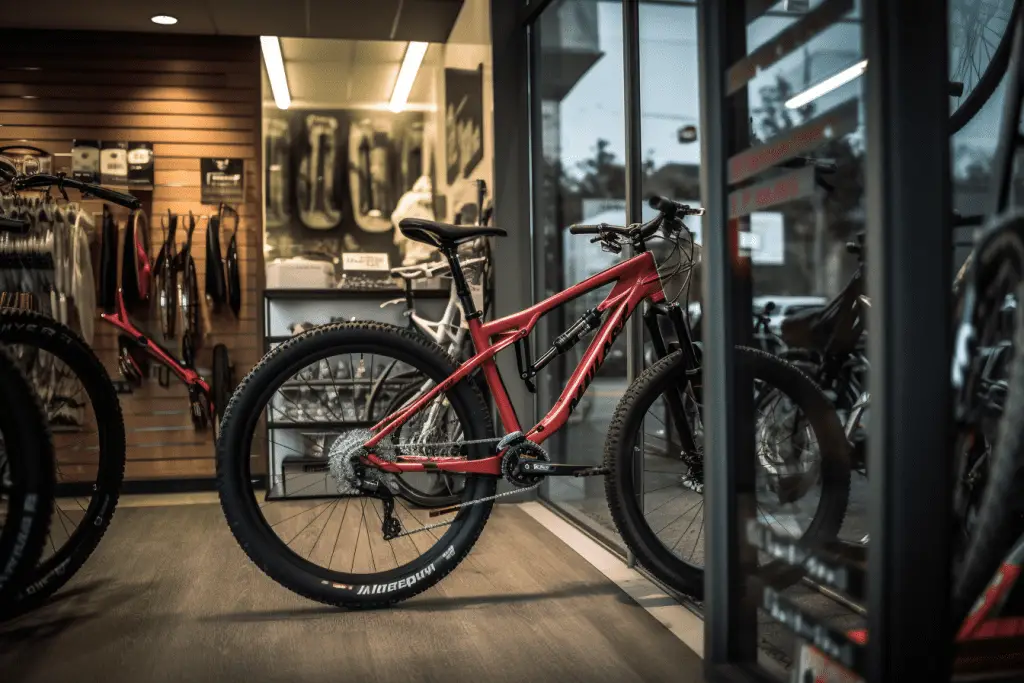 Image of a mountain bike at a bike shop source midjourney